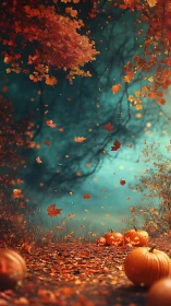 Autumn forest path with carved pumpkins and swirling maple leaves.