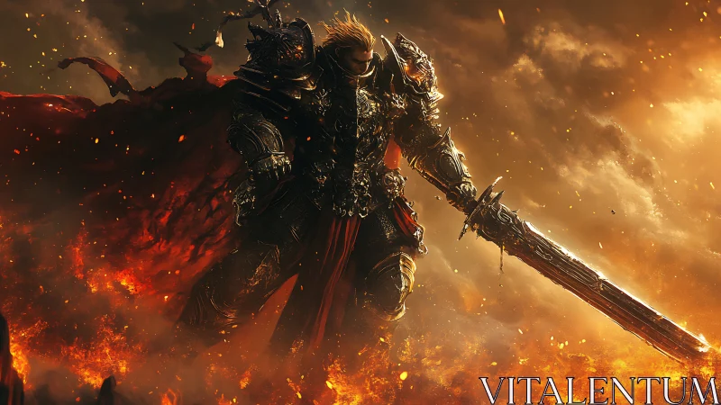 Armored flame warrior strides through burning battlefield