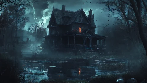 Lonely haunted house glowing softly beside a misty swamp.