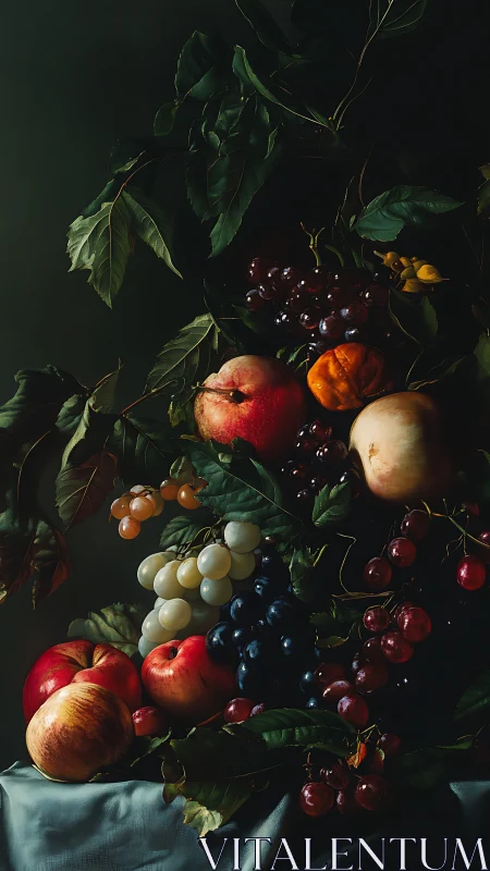 Low-key chiaroscuro still life of fruit, leaves, and drapery.