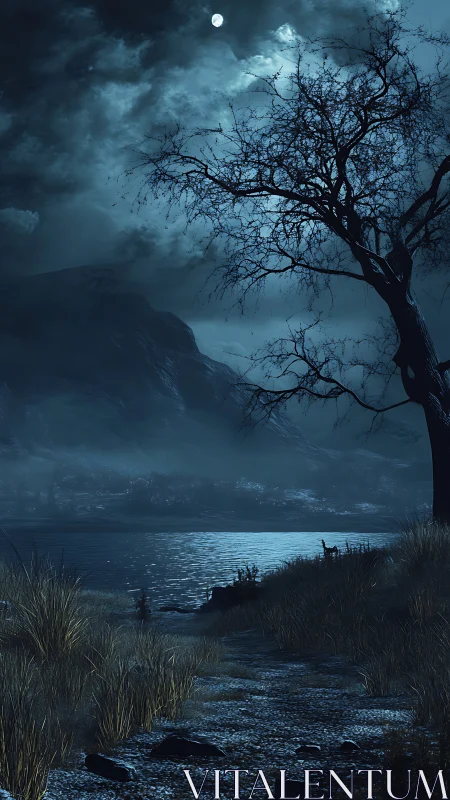 Nocturnal lakeside landscape under high-contrast moonlit backlighting