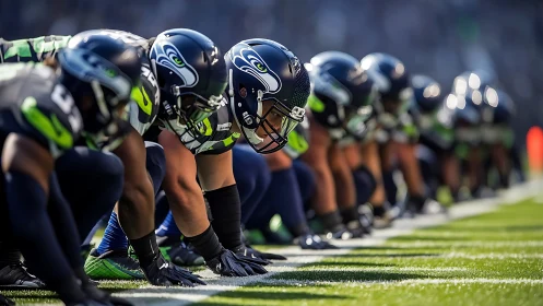 Gridiron defensive line in synchronized pre-snap stance formation.