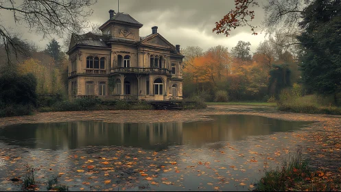 Moody autumn manor gazes over a quiet leaf-strewn pond