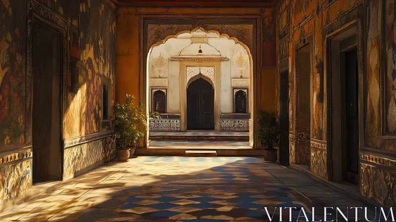 Sunlit corridor in historic courtyard with painted walls.