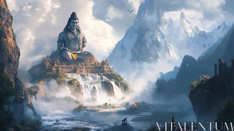 Majestic Shiva statue overlooks misty Himalayan waterfalls.