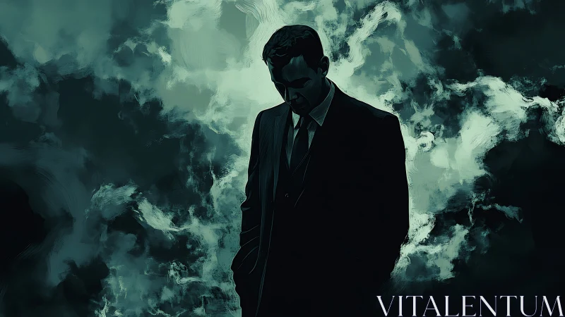 Silhouetted figure in suit stands before abstract smoke field