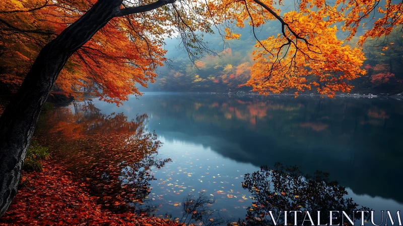 Autumn maple branches frame a tranquil misty lake view.