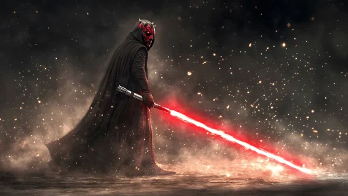 Hooded red‐saber warrior walking through burning haze.