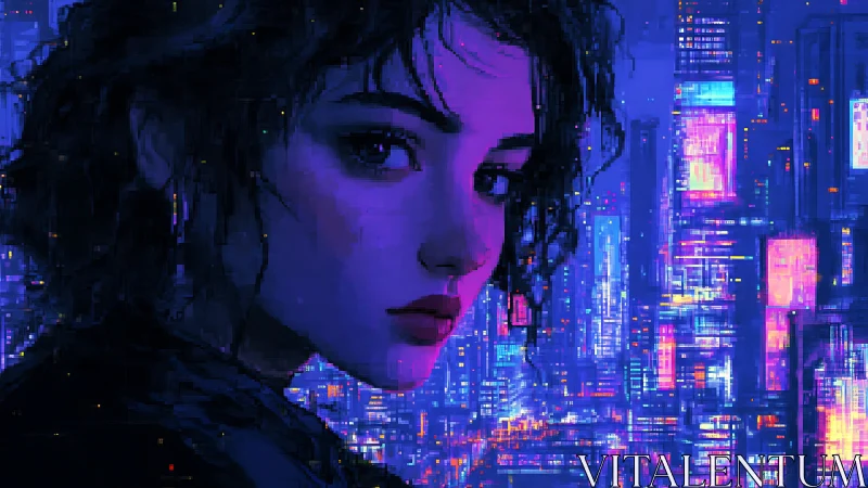 Cyberpunk portrait with neon cityscape and glitch pixel layering.