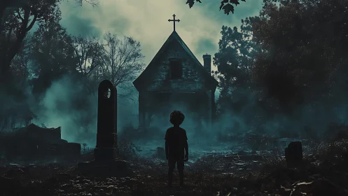 Silhouetted child before decayed chapel in misty graveyard.