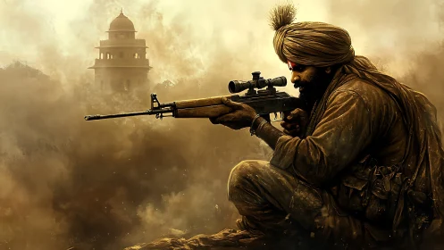 Dusty battlefield sniper holds steady in golden haze