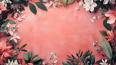 Botanical Arrangement Against Coral Surface With Floral Specimens.