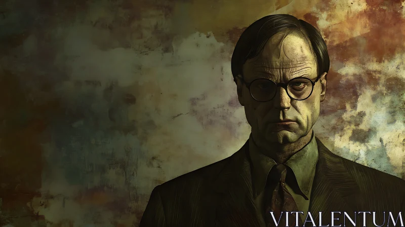 Stern middle aged man in suit stares forward against textured wall