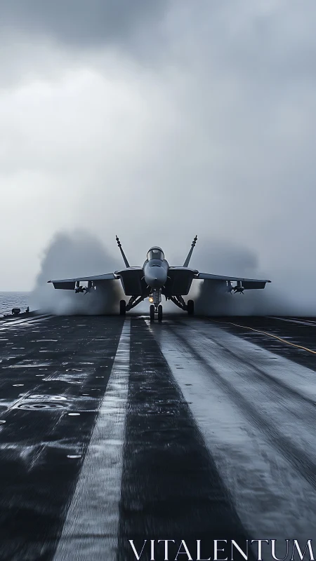 Powerful jet waits on carrier deck as mist rises dramatically