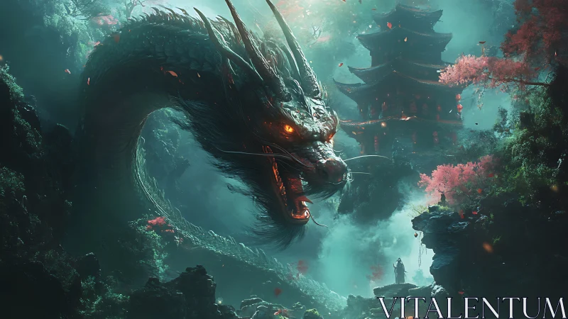 Ancient dragon coils around misty temple in enchanted gorge.