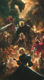 Epic fantasy battle tableau layers heroic figures and dragons