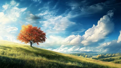 Solitary autumn tree crowns sunlit hillside beneath clouds