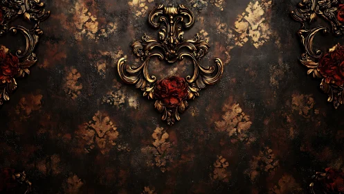 Baroque floral ornaments glow against distressed dark wall.