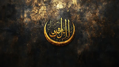 Golden circular Arabic calligraphy on textural dark ground.