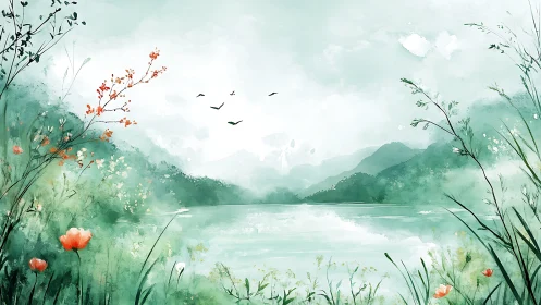 Watercolor lake panorama with misted mountains and florals.
