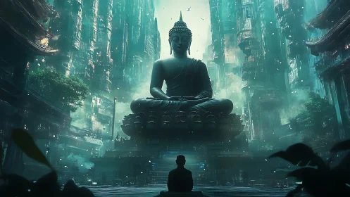 Monumental cybernetic Buddha amid vertical megastructures.