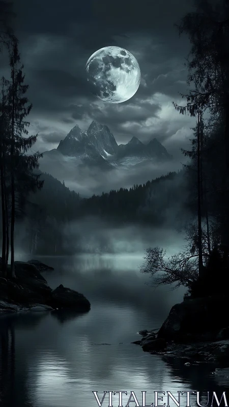 Moonlit mountain lake holds its breath beneath silver fog