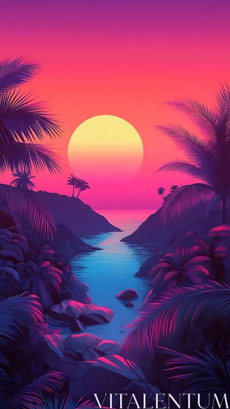 Neon tropical canyon river reflects stylized sunset glow