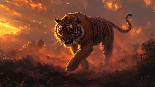Fierce sunset tiger walking through glowing wild embers.