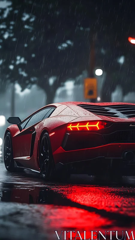 Red supercar idles on wet city street under night rain