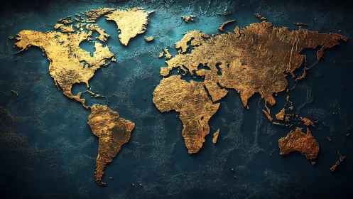 Golden textured world map glows warmly against deep blue