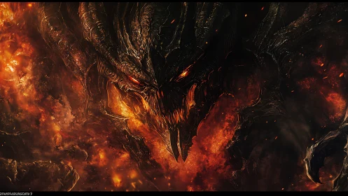 Demonic dragon head emerges from dense fire and molten rock