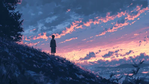 Digital painting of lone figure on hillside at luminous dusk.