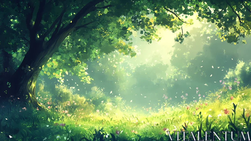 Forest Clearing with Luminous Tree Canopy and Wildflower Field