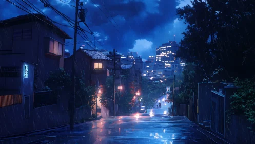Rain-soaked city street glows softly under deep blue night