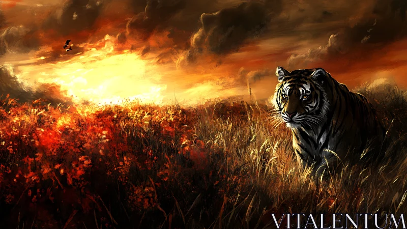 Tiger moving through tall grass under intense orange sky.