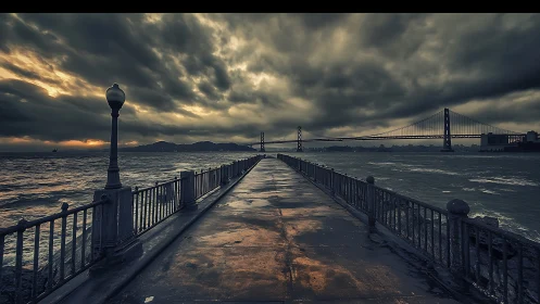 Stormy pier perspective under dramatic low-key coastal sky