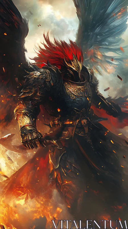 Armored avian war-seraph emerges through volumetric firestorm