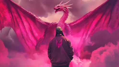 Crimson sky-rider meets colossal pink dragon in swirling mist.