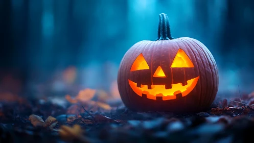 Glowing jack-o-lantern smiles warmly in a misty twilight forest