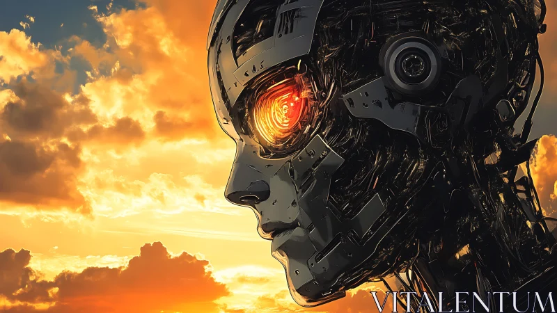 Side profile of complex robotic head at sunset sky backdrop.