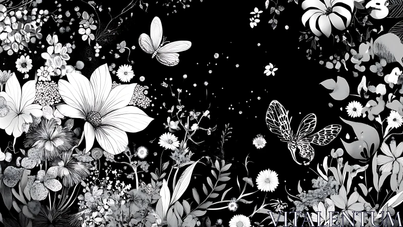 Monochromatic Botanical Composition with Lepidopteran Elements.