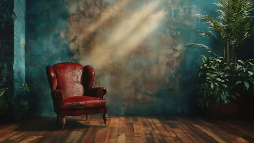 Velvet armchair basks in painterly light beside lush palms.