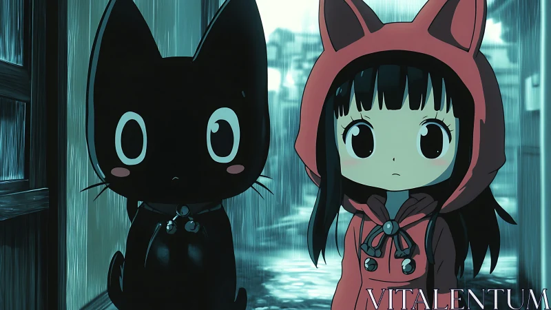 Rain-soaked alley duo with cat-hooded girl and mascot cat.