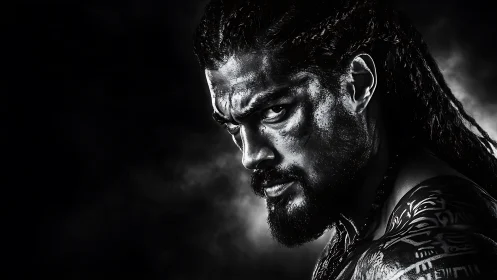 Brooding warrior portrait in dramatic stormy shadows.