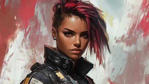 Cyberpunk portrait of defiant woman with magenta undercut hair