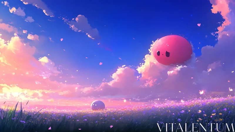 Spherical kawaii cloud creature drifts above luminous dusk meadow