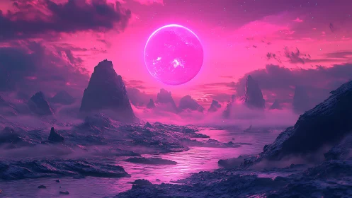 Neon lunar horizon over alien seascape in digital painting.