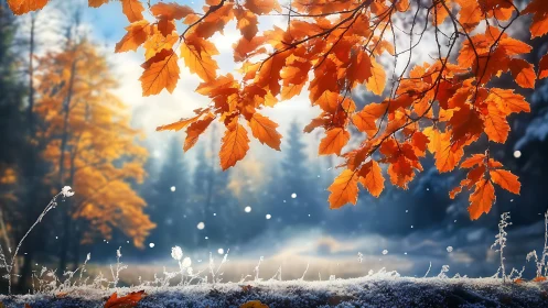 Autumn frost on orange leaves in misty backlit forest scene.