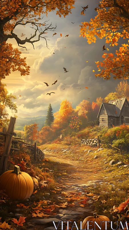 Rural path passes pumpkins and cabin under overcast autumn sky