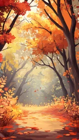 Autumn forest path with dense deciduous trees and golden leaf coverage.